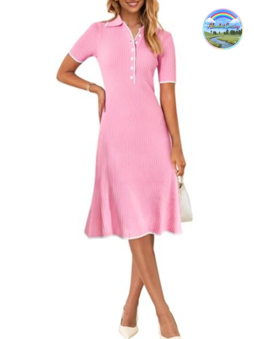 Ribbed Knit V-Neck Button Down Short Sleeve Bodycon Midi Dress